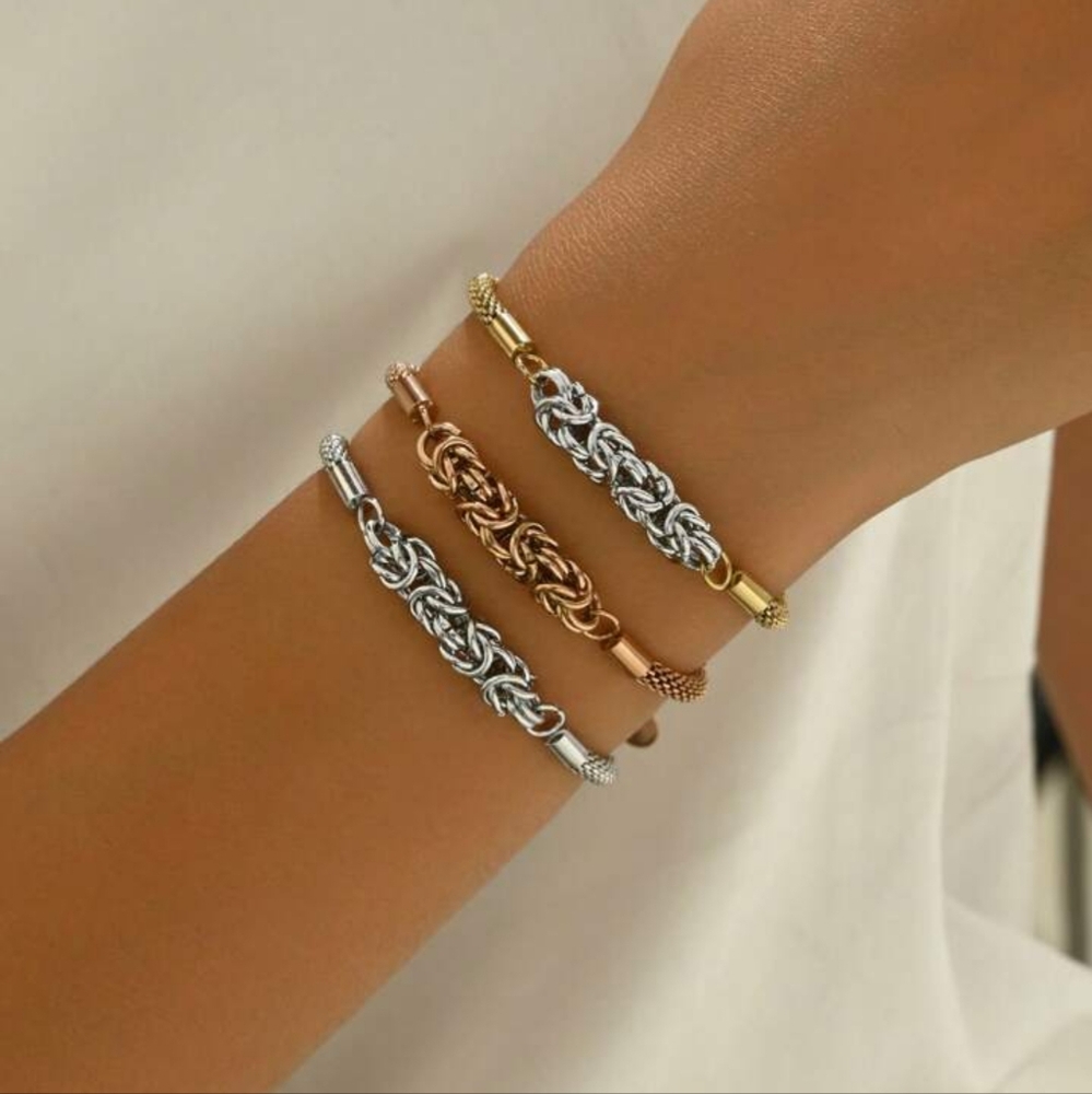 💛🩶NEW💛🩶 UNIQUE!! SS Mesh Braided Snake Bone Link Twisted Bracelet SIL/GOLD
